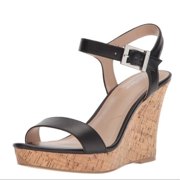 NEW Charles by Charles David Black Vegan Leather Wedge Sandals - Picture 1 of 6